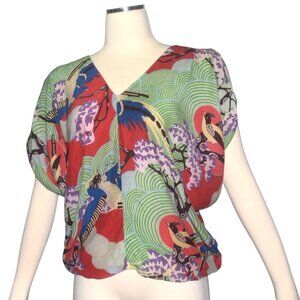 Vintage Cacharel Silk Blouse Oversized Colorful Birds Floral Motif Print 38 S